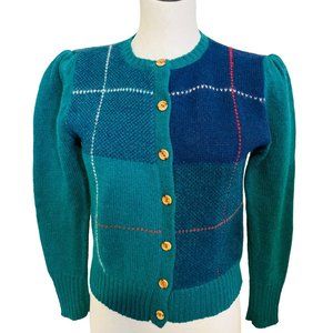 VINTAGE SKYR 100% Shetland Wool British Crown Blue Green Heart Button Sweater